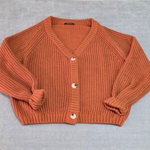 Womens Chunky Knit Button Front Cardigan Burnt Orange Large Oversized Crop Fall